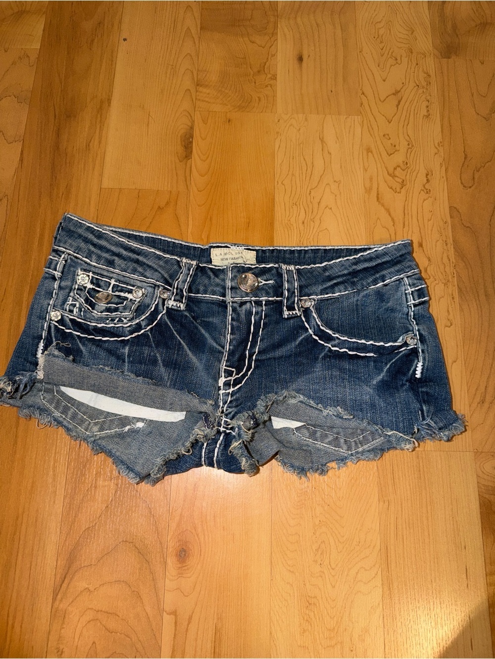L.A. idol Dark Blue Distressed Frayed super mini denim shorts